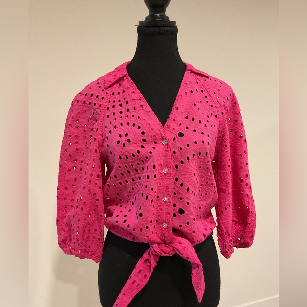 Fuchsia Pink Collared Eyelet buttoned top with waist tie.